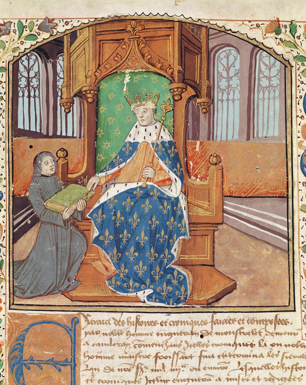Ms 1468 fol.1 Forfatteren tilbyr sin bok til kong Charles VII, fra Les Chroniques de Monstrelet av French School