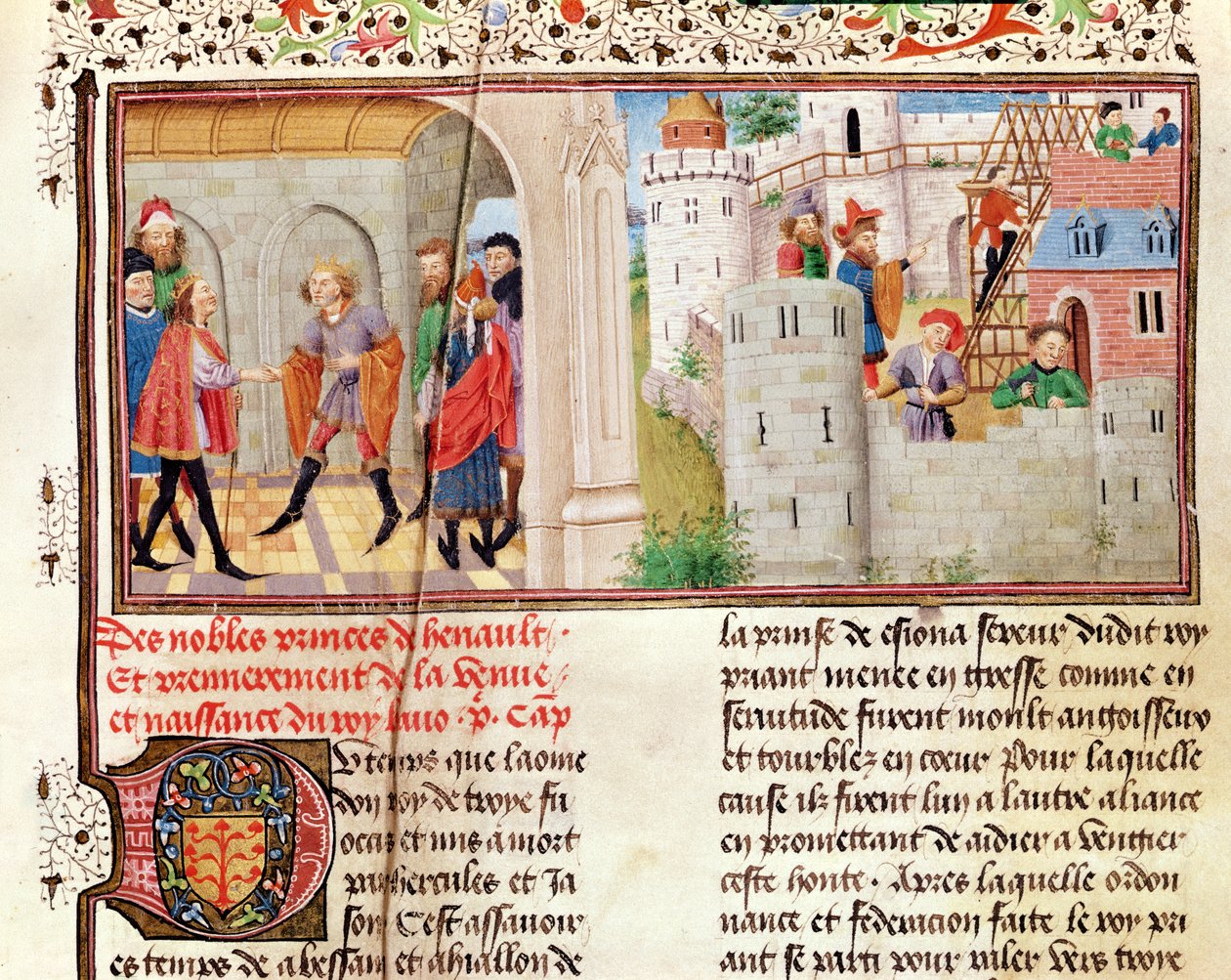 Ms 149 t.1 fol.16 En avtale og bygging av et slott, fra Histoire des Nobles Princes de Hainaut, av Jacques de Guise av French School