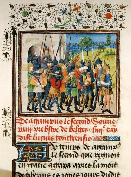 Ms 149 t.1 fol. 45 En hær på felttog, fra Histoire des Nobles Princes de Hainaut, av Jacques de Guise av French School