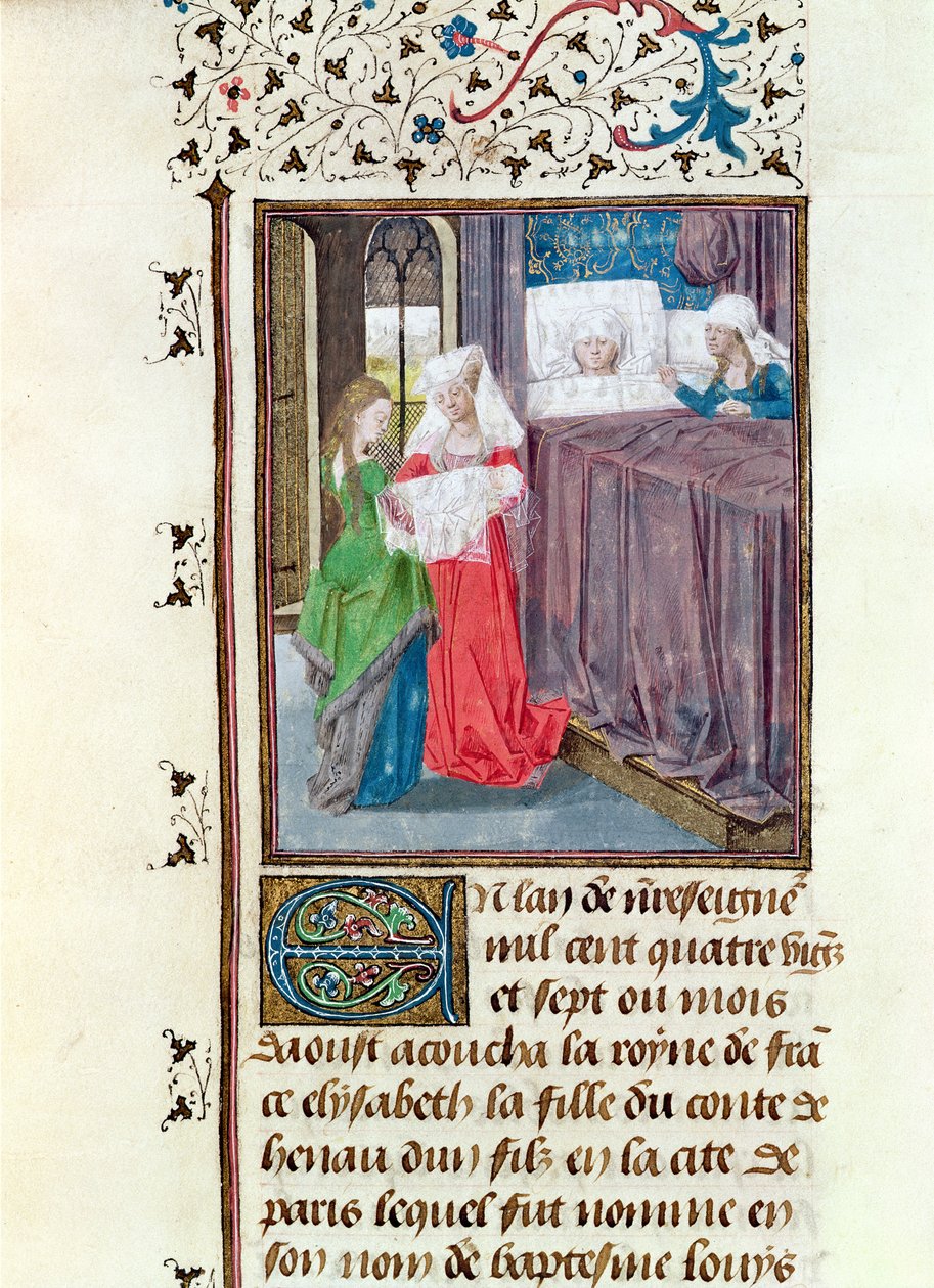 Ms 149 t.3 f.119 The Birth of Louis (1187-1226) i 1187, fra Histoire des Nobles Princes de Hainaut, av Jacques de Guise av French School