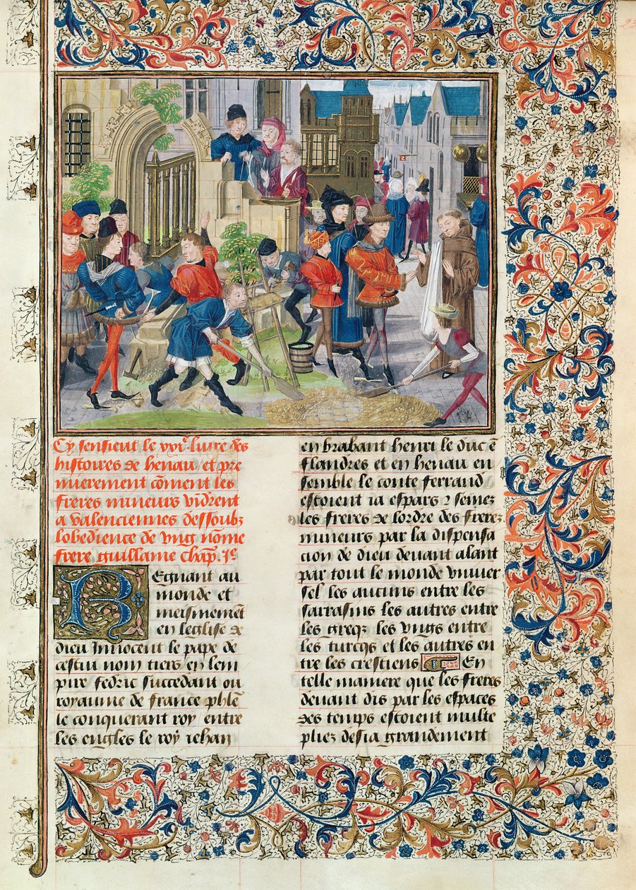 Ms 149 t.3 f.235 Bygge grunnlaget for klosteret for de mindreårige i Valenciennes, fra Histoire des Nobles Princes de Hainaut, av Jacques de Guise av French School