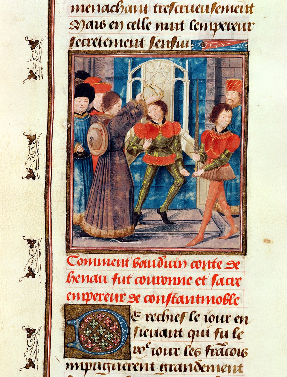 Ms 149 t.3 fol.183v Hvordan Baldwin I (1171-1205) sjette greve av Hainaut, ble kronet som keiser av Konstantinopel i 1204, fra Histoire des Nobles Princes de Hainaut, av Jacques de Guise av French School