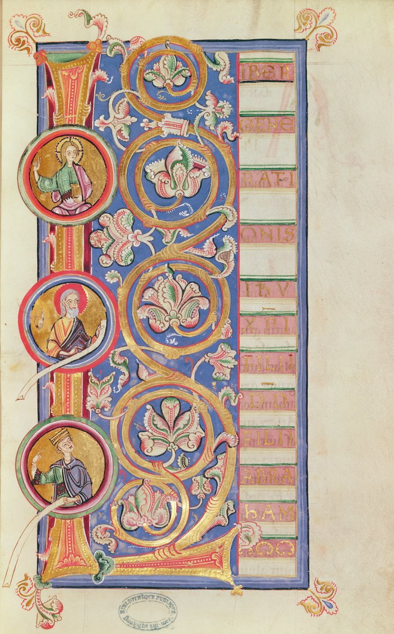 Ms 14 fol.23 Historikert initial L med medaljonger, fra en evangelist av French School