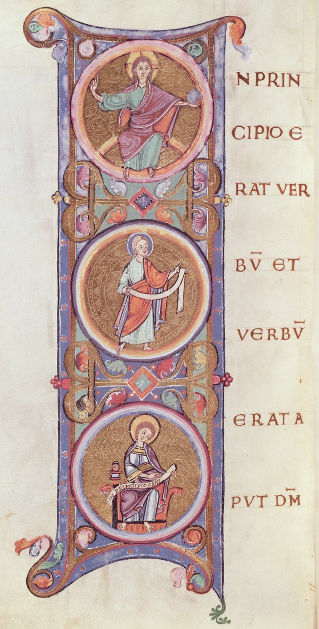 Ms 14 fol.60v Historikert initial I som viser begynnelsen av Johannesevangeliet av French School