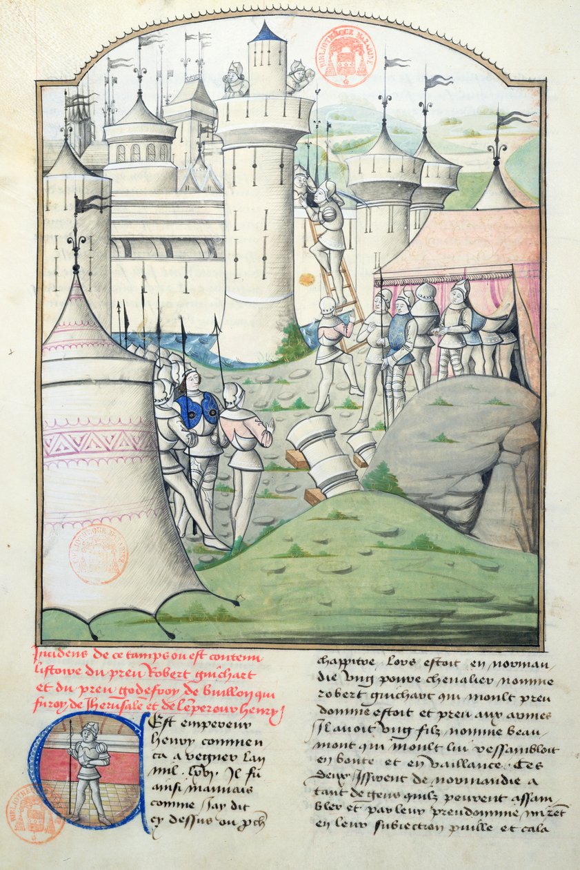 Ms 1560 Capture of Jerusalem i 1099 av Godfrey de Bouillon og korsfarerne under det første korstoget, miniatyr fra Fleur des Histoires av French School