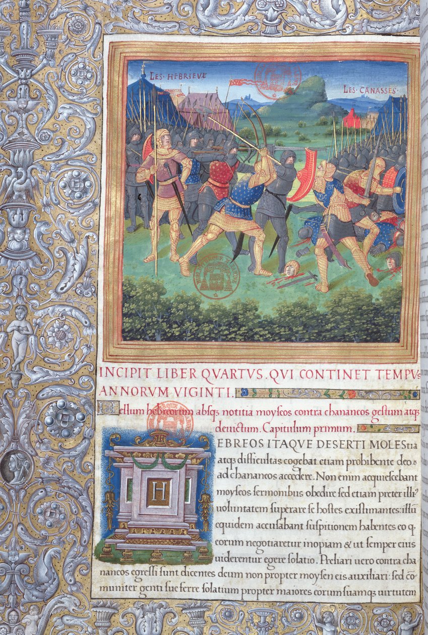 Fru 1581 f. 071 Illustrasjon fra bok IV (From the Rejection of that Generation to the Death of Moses), kapittel 1 av jødenes antikviteter (Antiquitates Judaicae) av Flavius Josephus - Fight of av French School