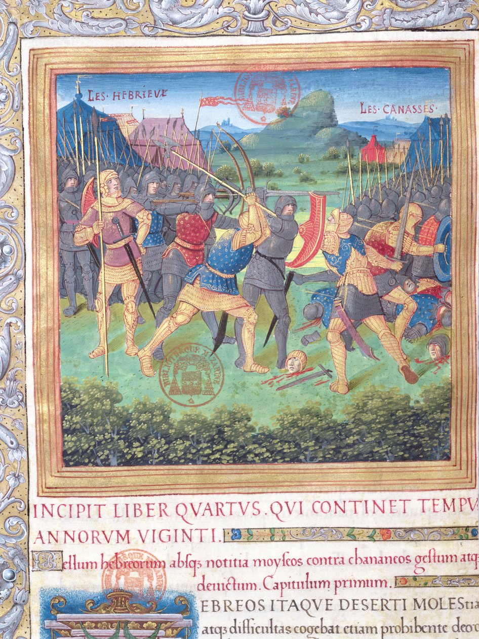 Fru 1581 f. 071 Illustrasjon fra bok IV (From the Rejection of that Generation to the Death of Moses), kapittel 1 av jødenes antikviteter (Antiquitates Judaicae) av Flavius Josephus - Fight of av French School
