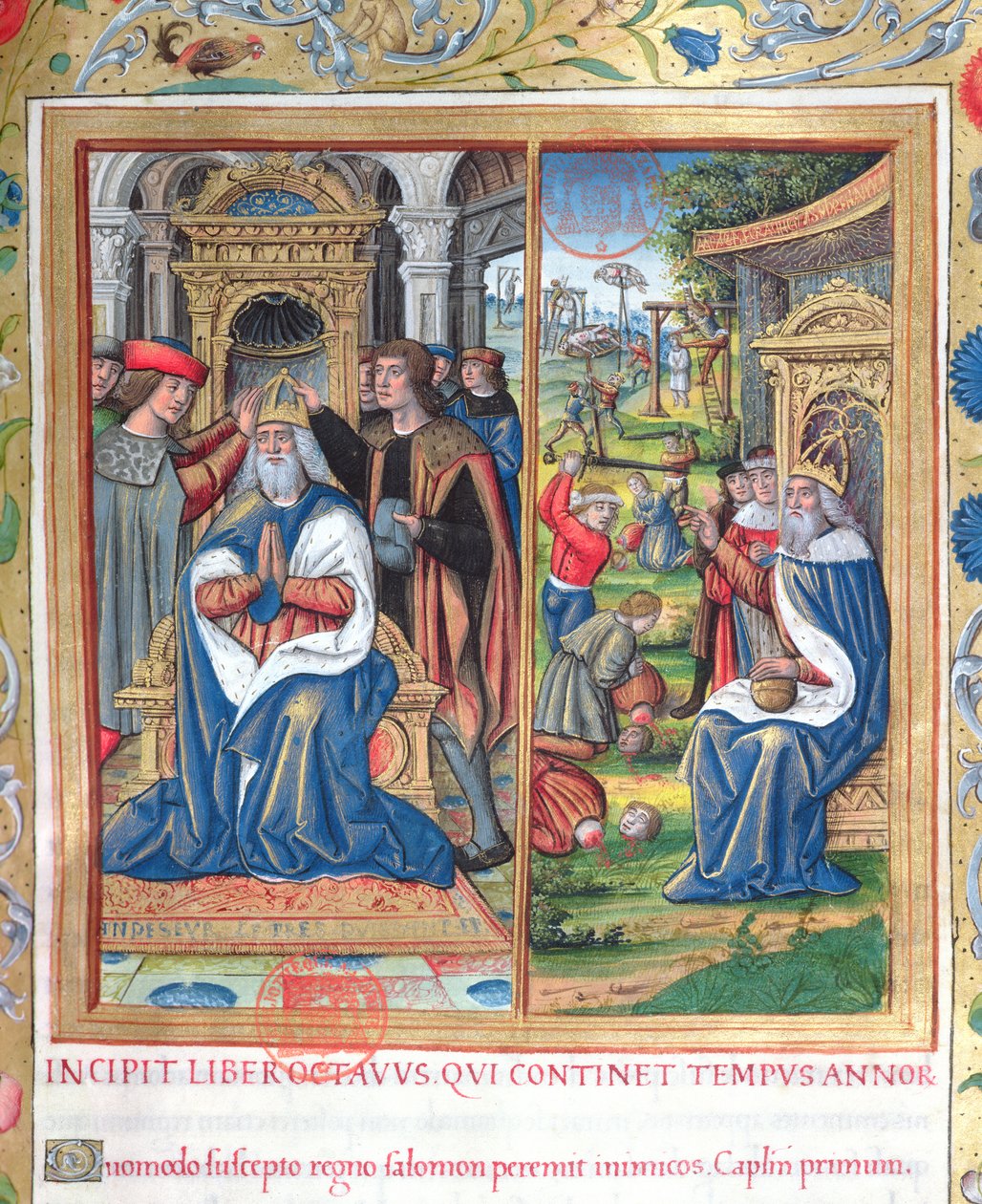 Fru 1581 f. 154 Illustrasjon fra bok VIII (Fra Davids død til Akabs død), kapittel 1 av jødenes antikviteter (Antiquitates Judaicae) av Flavius Josephus - Hvordan Salomo, da han av French School