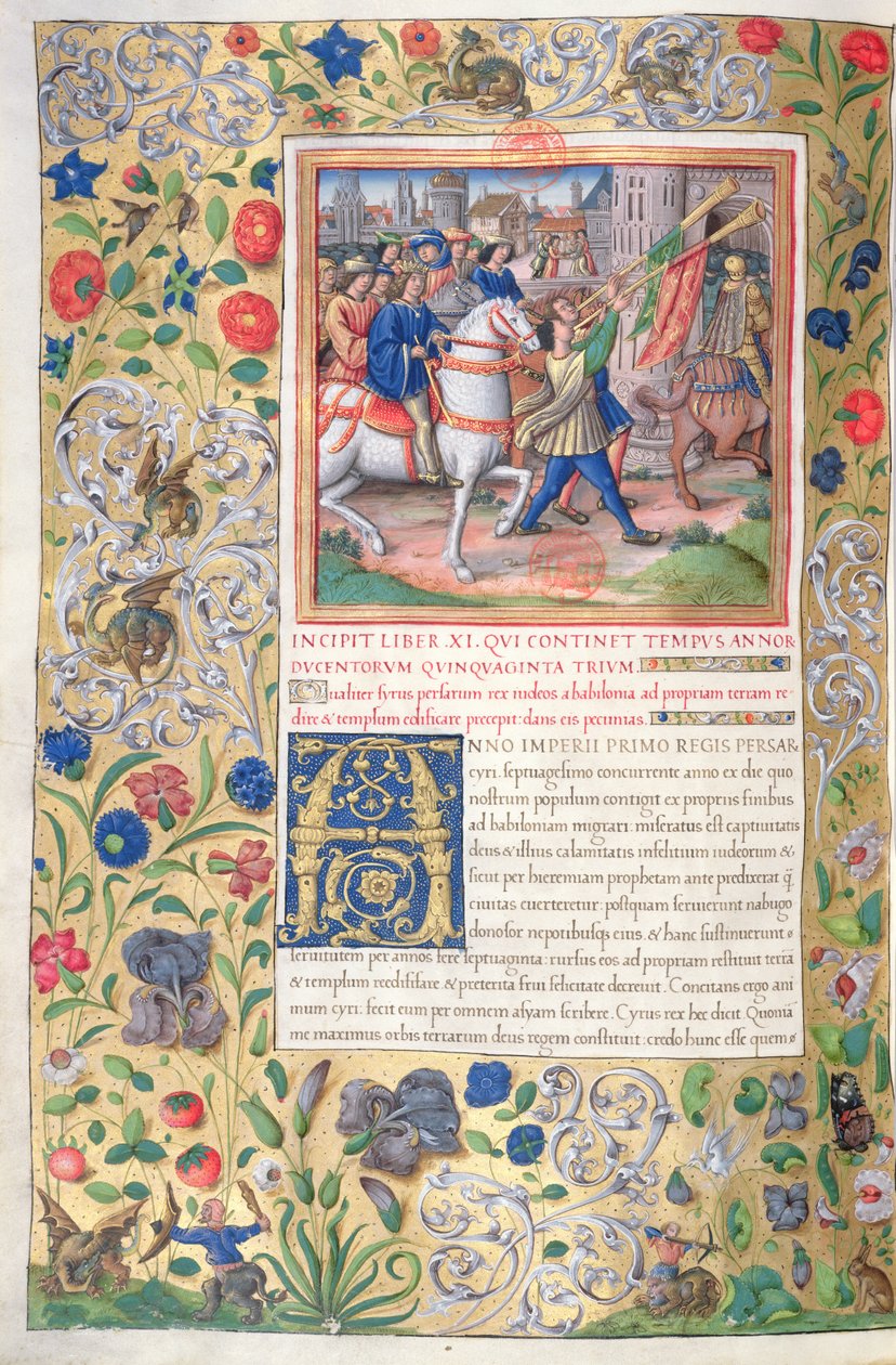 Fru 1581 f. 211v Illustrasjon fra bok XI (Fra Kyros første år til Alexander den stores død), kapittel 1 av jødenes antikviteter (Antiquitates Judaicae) av Flavius Josephus - Ho av French School