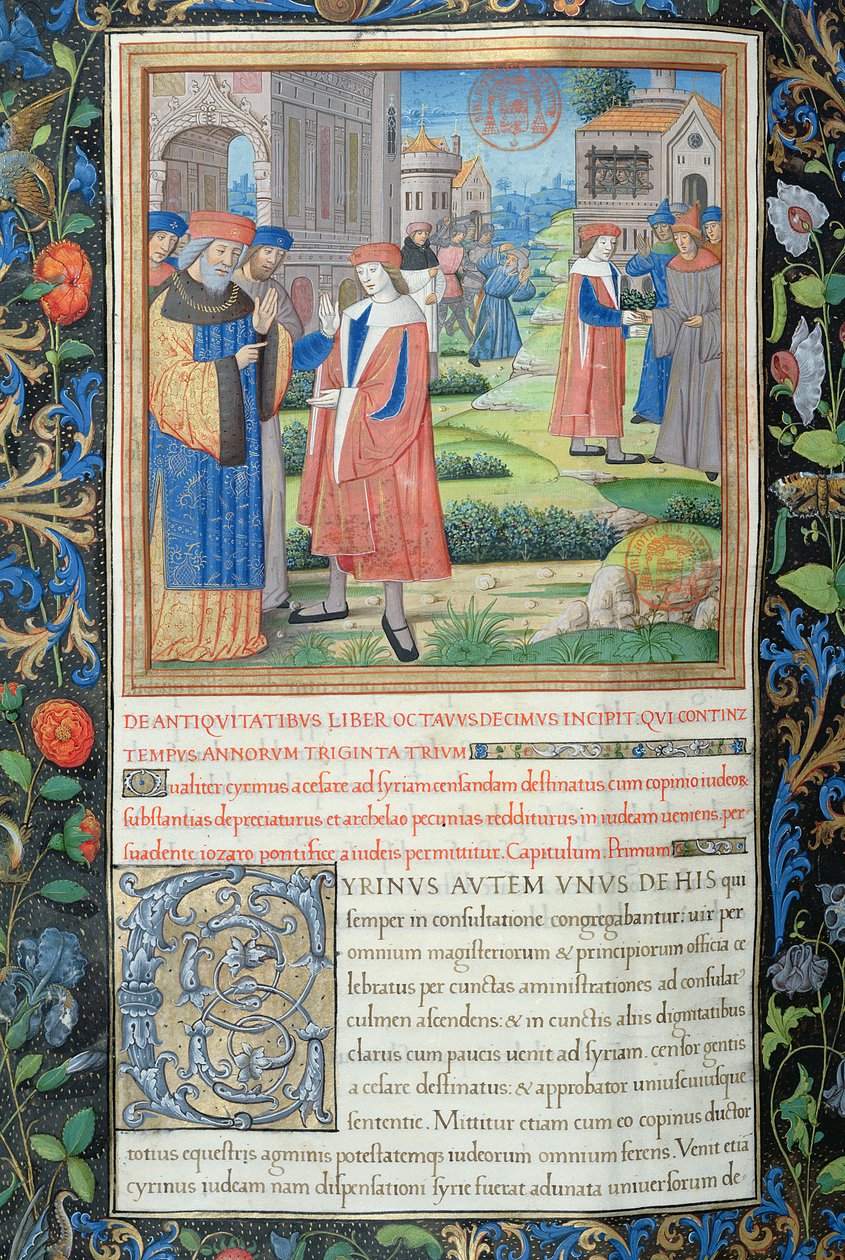 Fru 1581 f. 349v Illustrasjon fra bok XVIII (Fra forvisningen av Archelaus til jødenes avgang fra Babylon), kapittel 1 av jødenes antikviteter (Antiquitates Judaicae) av Flavius av French School