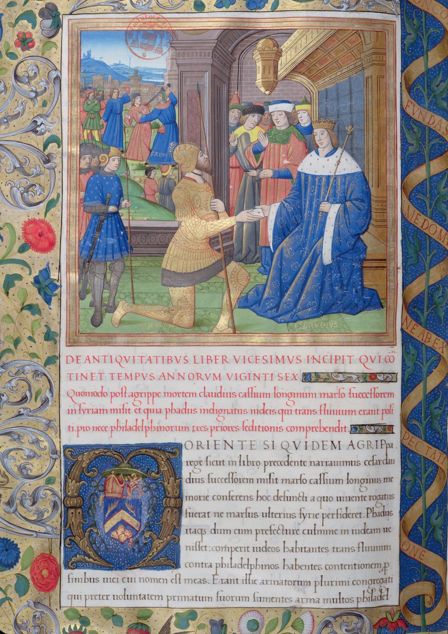 Fru 1581 f. 897v Illustrasjon fra bok XX (Fra prokuratoren Fadus til Florus), kapittel 1 av jødenes antikviteter (Antiquitates Judaicae) av Flavius Josephus - Hvordan etter Agrippas død, av French School