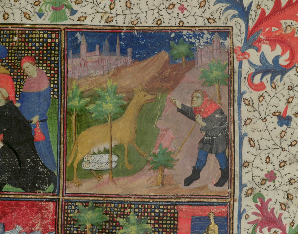Ms 1595 Romulus og Remus blir die av en ulv, fra Dicta et Facts Memorabilia, ca. 1475 av French School