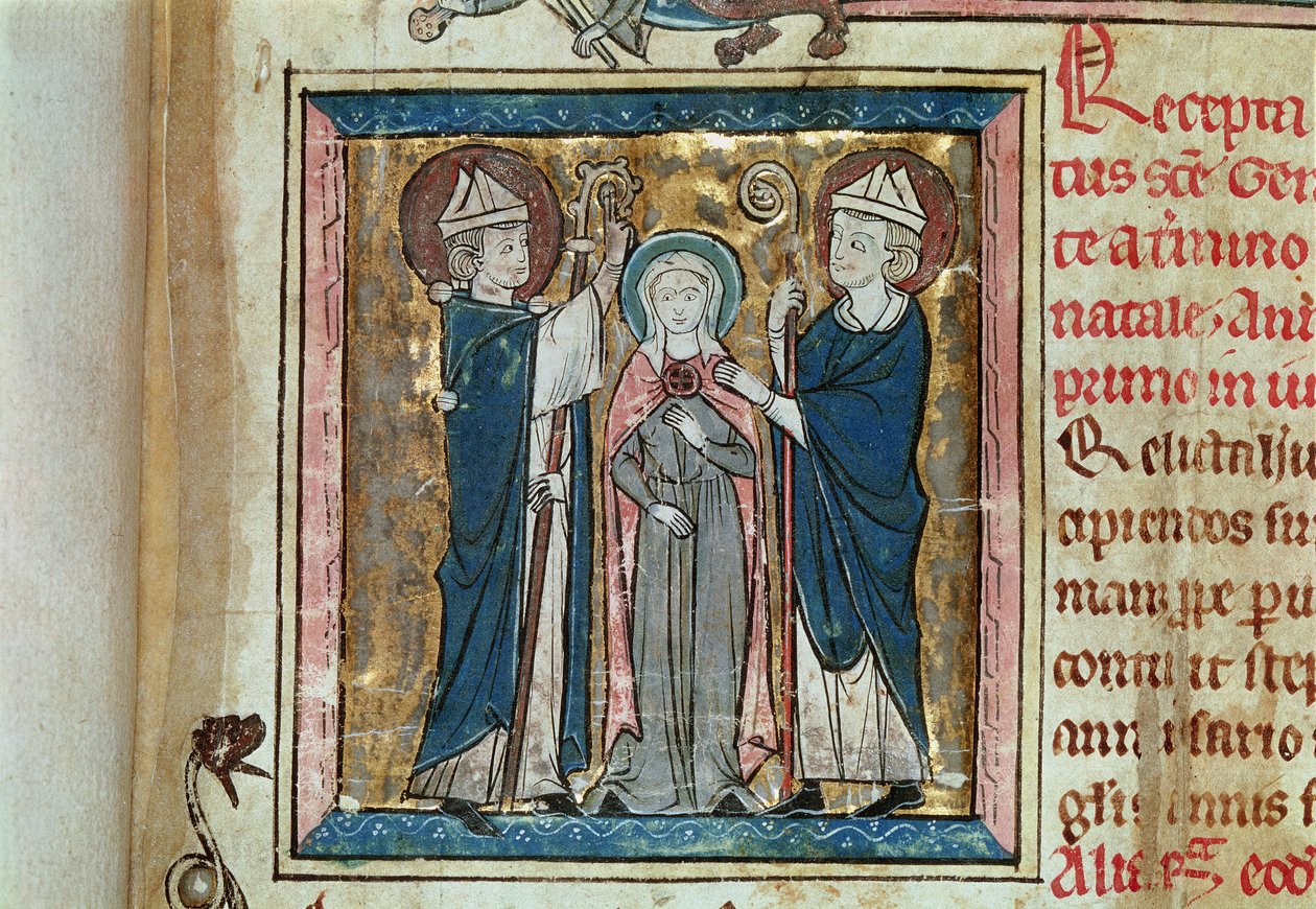 Ms 16261 f.1 Enthronement of St. Genevieve, fra Censier de lAbbaye Sainte-Genevieve av French School