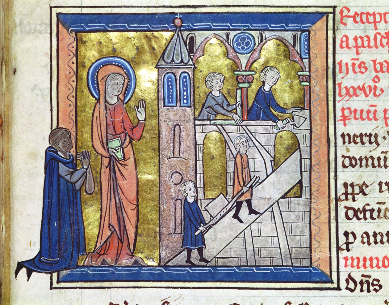 Ms 16261 f.20 Bygging av klosteret, fra Censier de lAbbaye Sainte-Genevieve, 1270 av French School