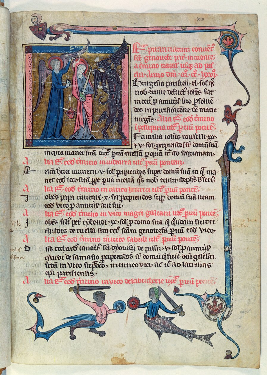 Ms 16261 fol.13v St. Genevieve kjemper mot en demon ved hjelp av en engel, fra Censier de lAbbaye Sainte-Genevieve av French School