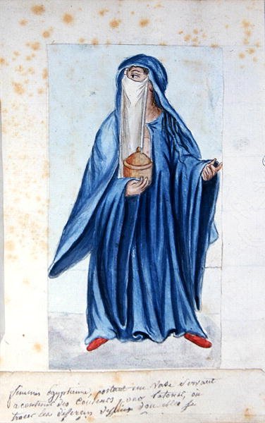 Egyptisk kvinne fra 1688 som holder en vase som inneholder tatoveringspigmenter av French School
