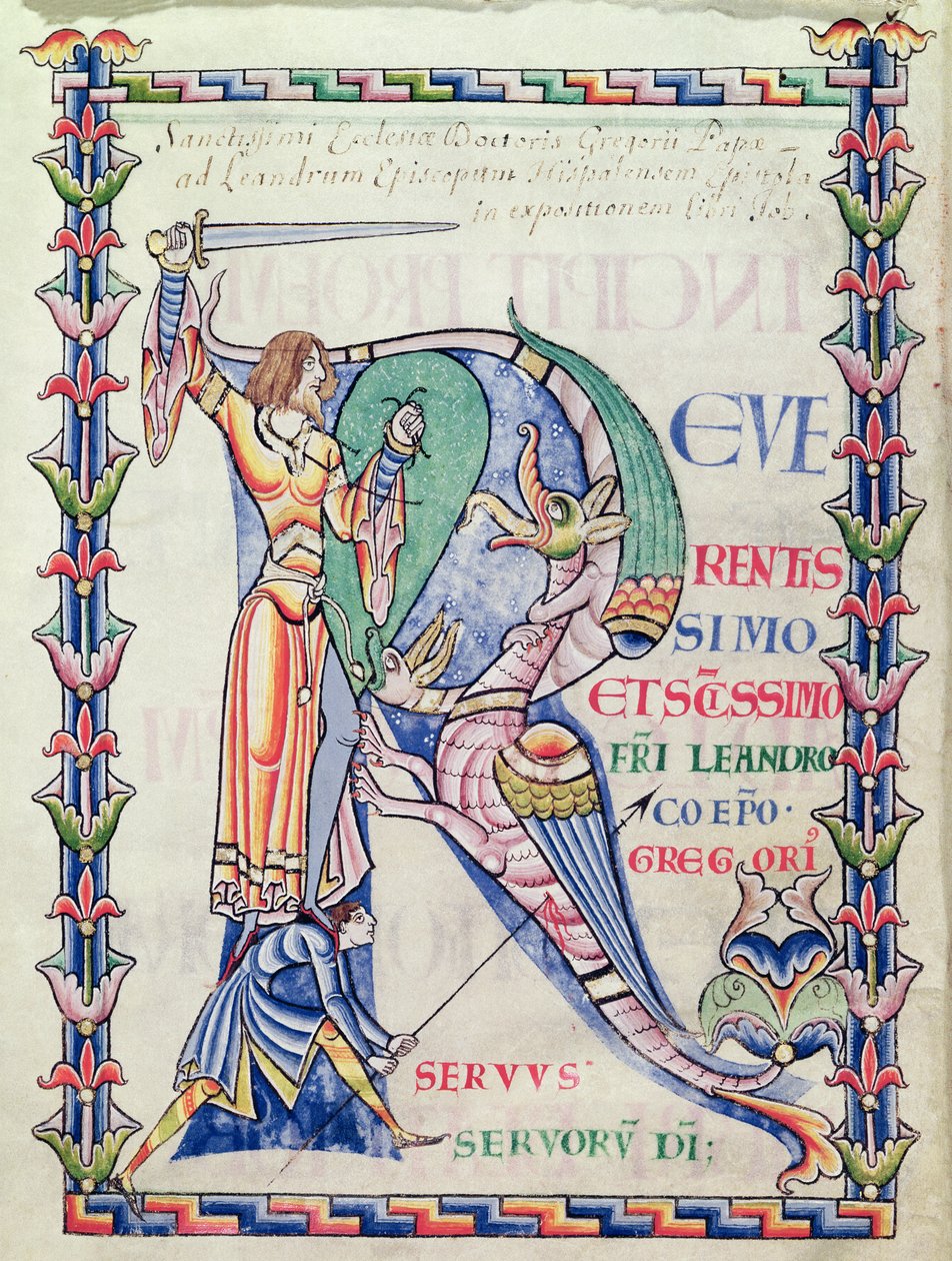 Ms 168 f.4v Historikert initial R som viser en ridder som kjemper mot en drage, fra Moralia in Job av pave Gregor den store av French School