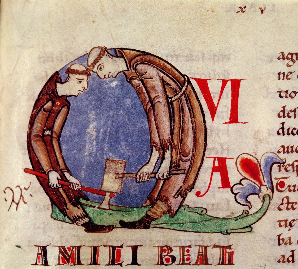 Ms 170 fol.59 Historikert initial Q som viser munker som hogger ved, fra Moralia in Job av pave Gregor den store av French School