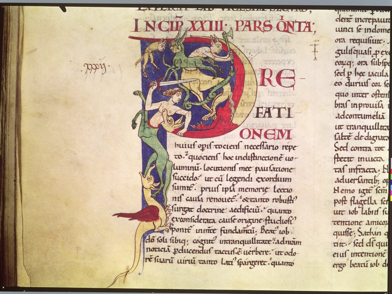 Ms 173 Historikert initial P som viser kentaurer, drager og monstre, fra Moralia in Job av pave Gregor den store av French School