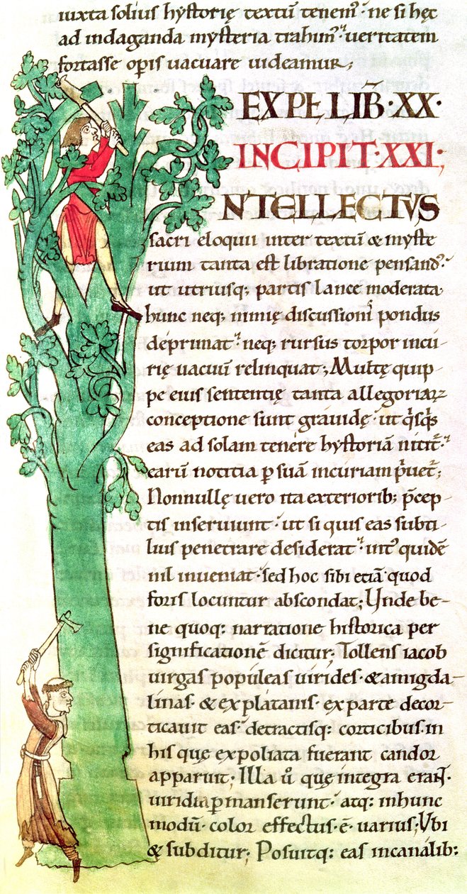 Ms 173 f.41 Historikert initial I som viser en munk og en lekmann som hogger og beskjærer et tre, fra Moralia in Job av pave Gregor den store av French School