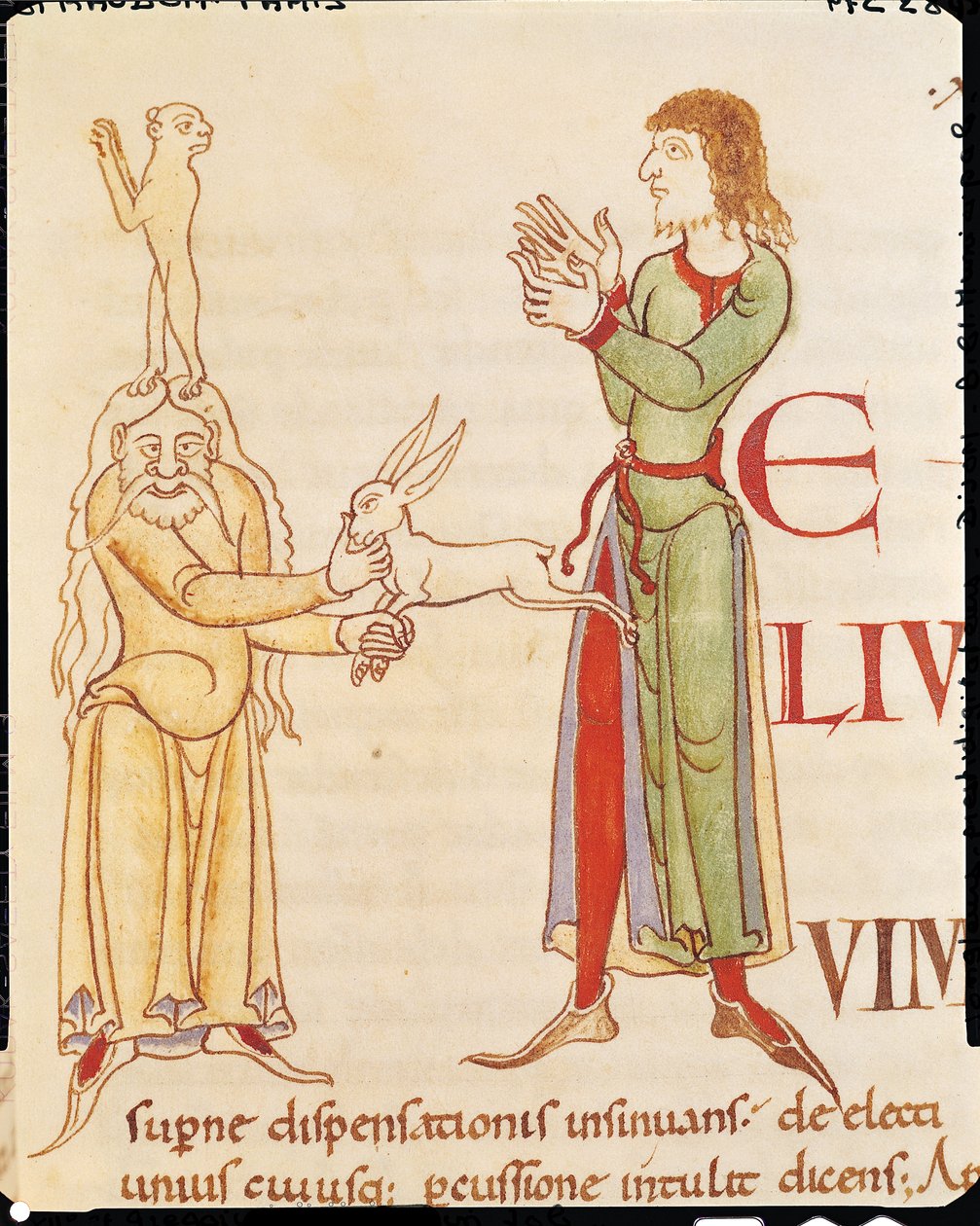 Ms 173 f.66r Initial H i form av to tryllekunstnere, fra Moralia i Job av pave Gregor den store, burgunderskolen av French School