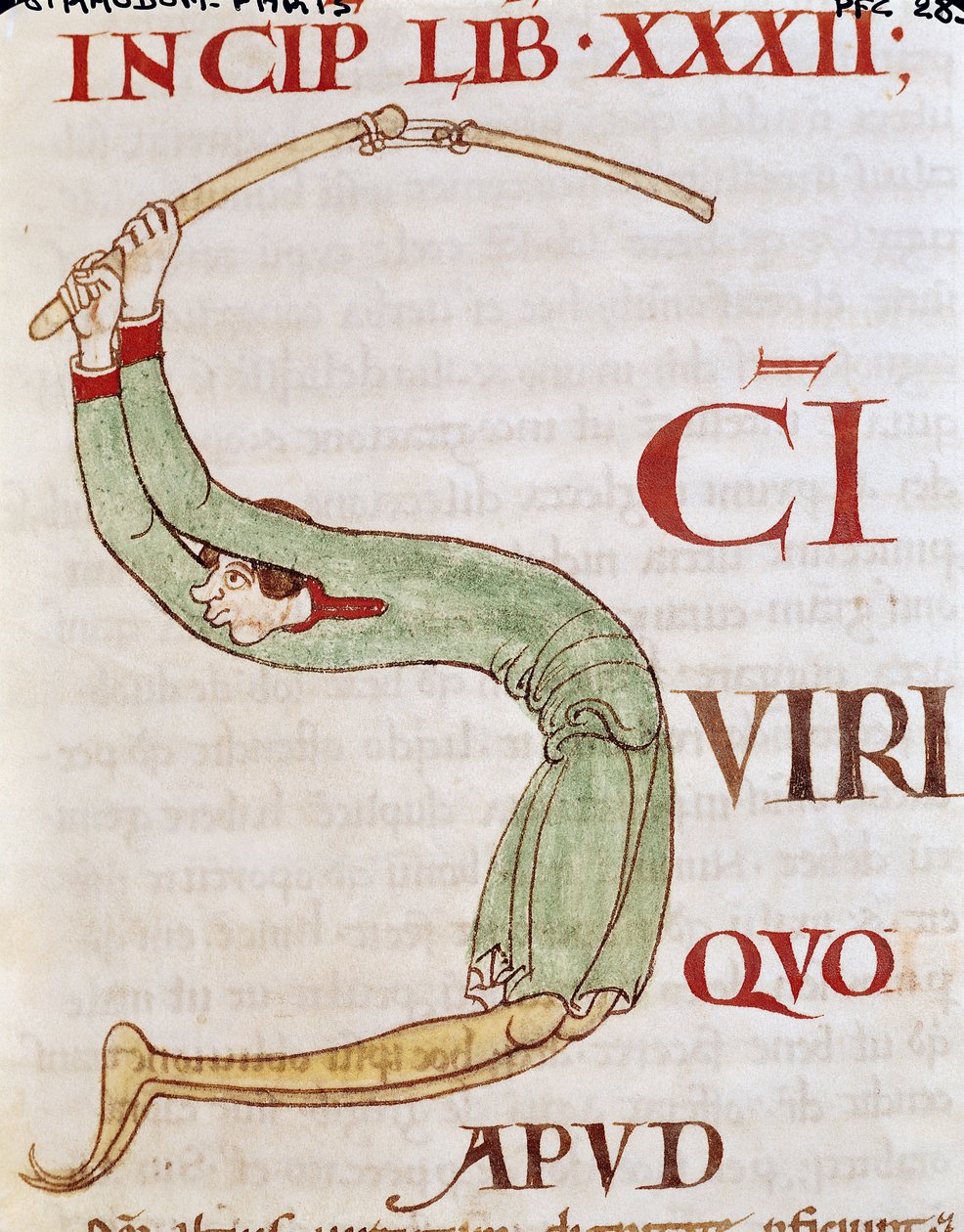 Ms 173 fol.148r Historikert initial S som viser en mann som tresker, fra Moralia in Job av pave Gregor den store av French School