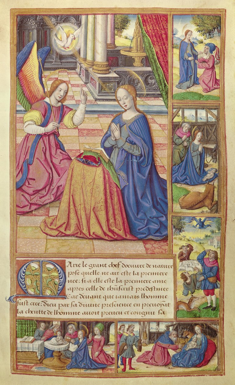 Ms 17 fol.2 Bebudelsen og Kristi barndom, fra Vie des Femmes Celebres, ca. 1505 av French School
