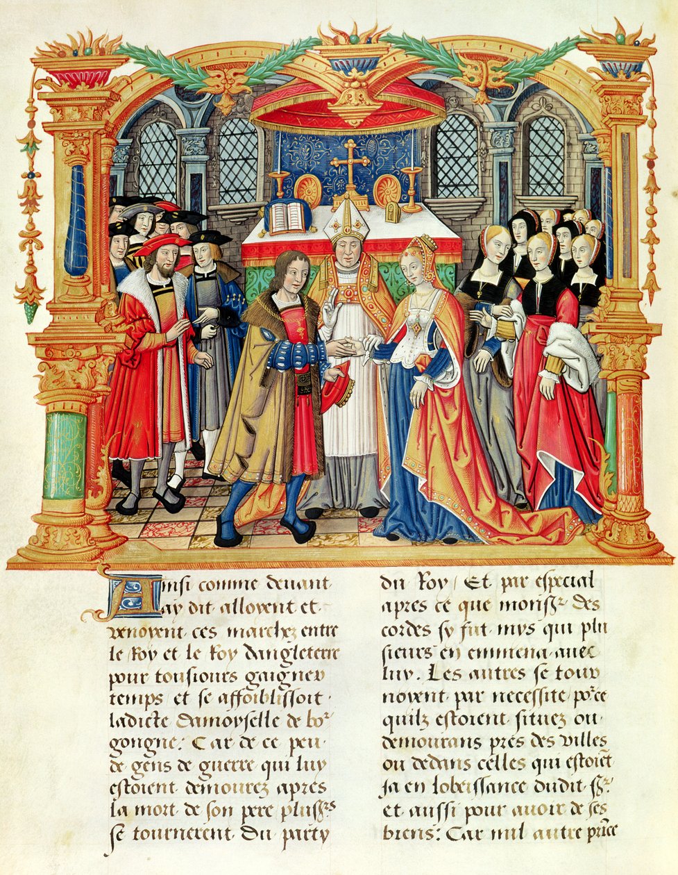 Ms 18 f.185v Ekteskap med Maria av Burgund og Maximilian I, keiser av Østerrike, fra memoarene til Philippe av Commines (1445-1509) av French School