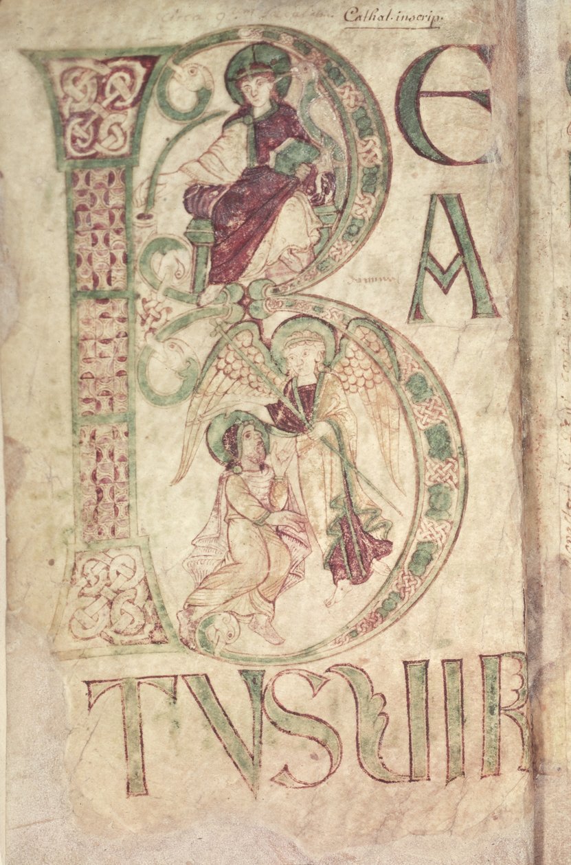 Ms 18 f.1v Historikert initial B som viser St. Johannes evangelisten og en engel, fra Psalter of Corbie av French School