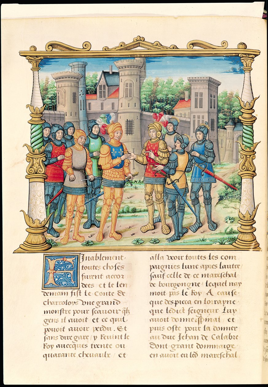 Ms 18 f.32v Conflans-traktaten mellom Ludvig XI og Karl den dristige, hertugen av Burgund, oktober 1465, fra memoarene til Philippe av Commines (1445-1509) av French School