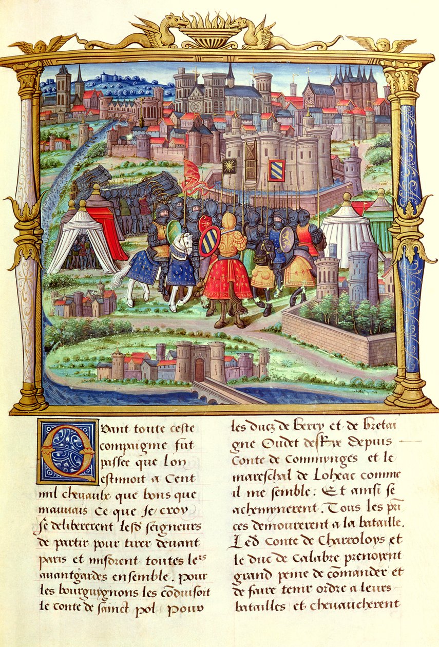 Ms 18 fol.19r Ankomsten av greven av Charolais og hans hær til beleiringen av Paris, fra Memoires de Philippe de Comminnes, 1489-98 av French School