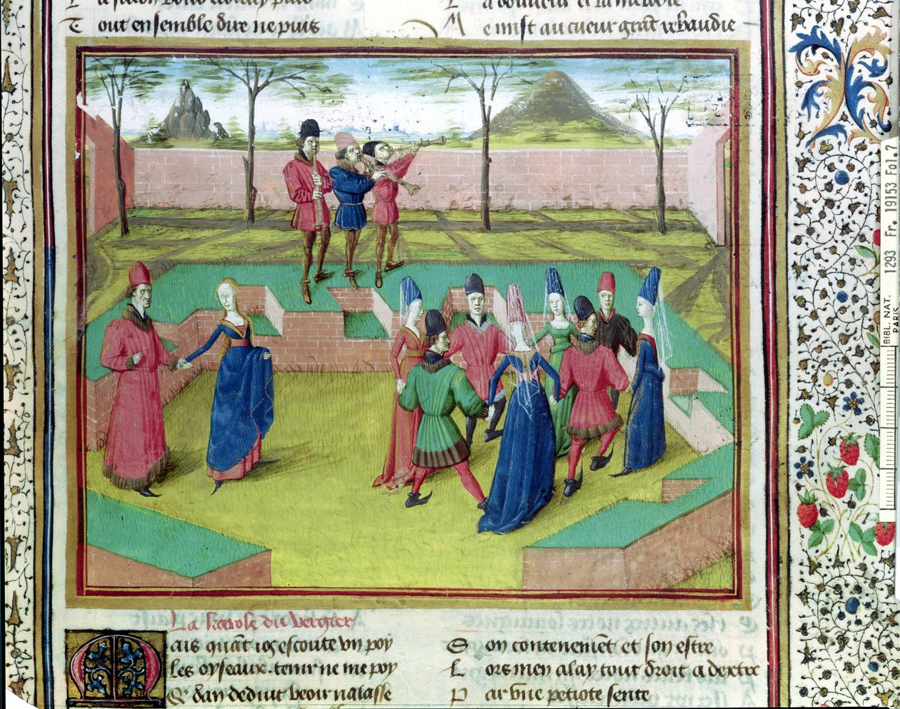 Ms 19153 f.7 A Carole in the Orchard, illustrasjon fra Le Roman de la Rose av Jean de Meung, ca. 1460 av French School