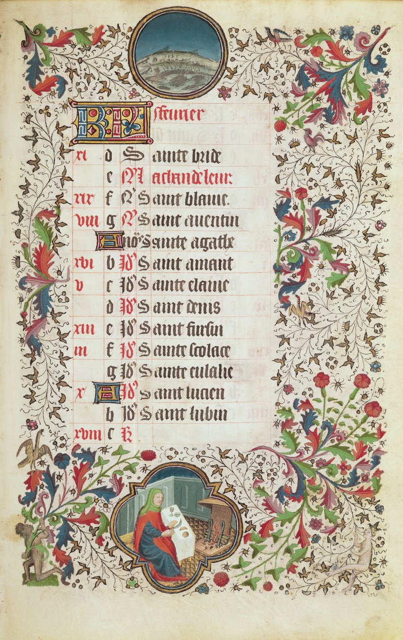 Fru 19. februar: Fiskene og en mann fester, fra en timebok, tidlig på 1400-tallet av French School