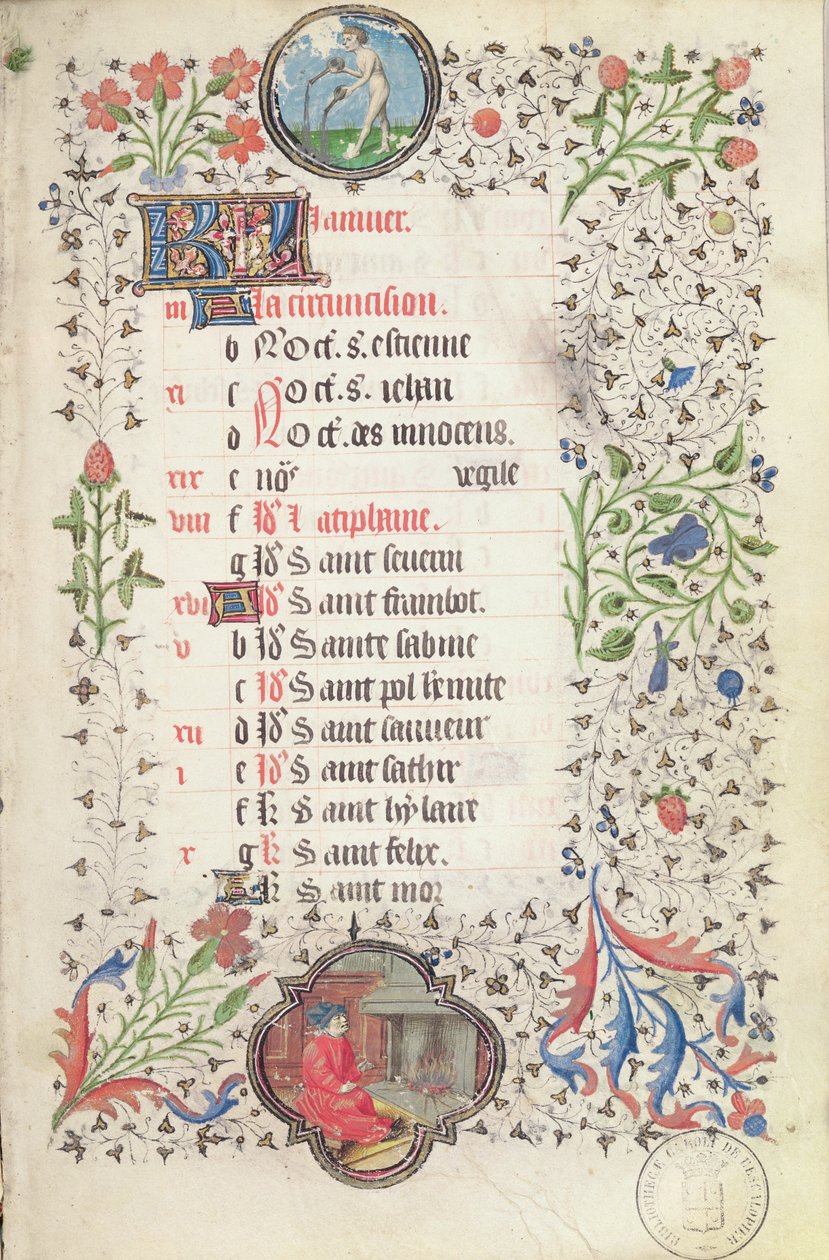 Fru 19. januar: Vannmannen og en mann som varmer seg ved en ildsted, fra en timebok, tidlig på 1400-tallet av French School