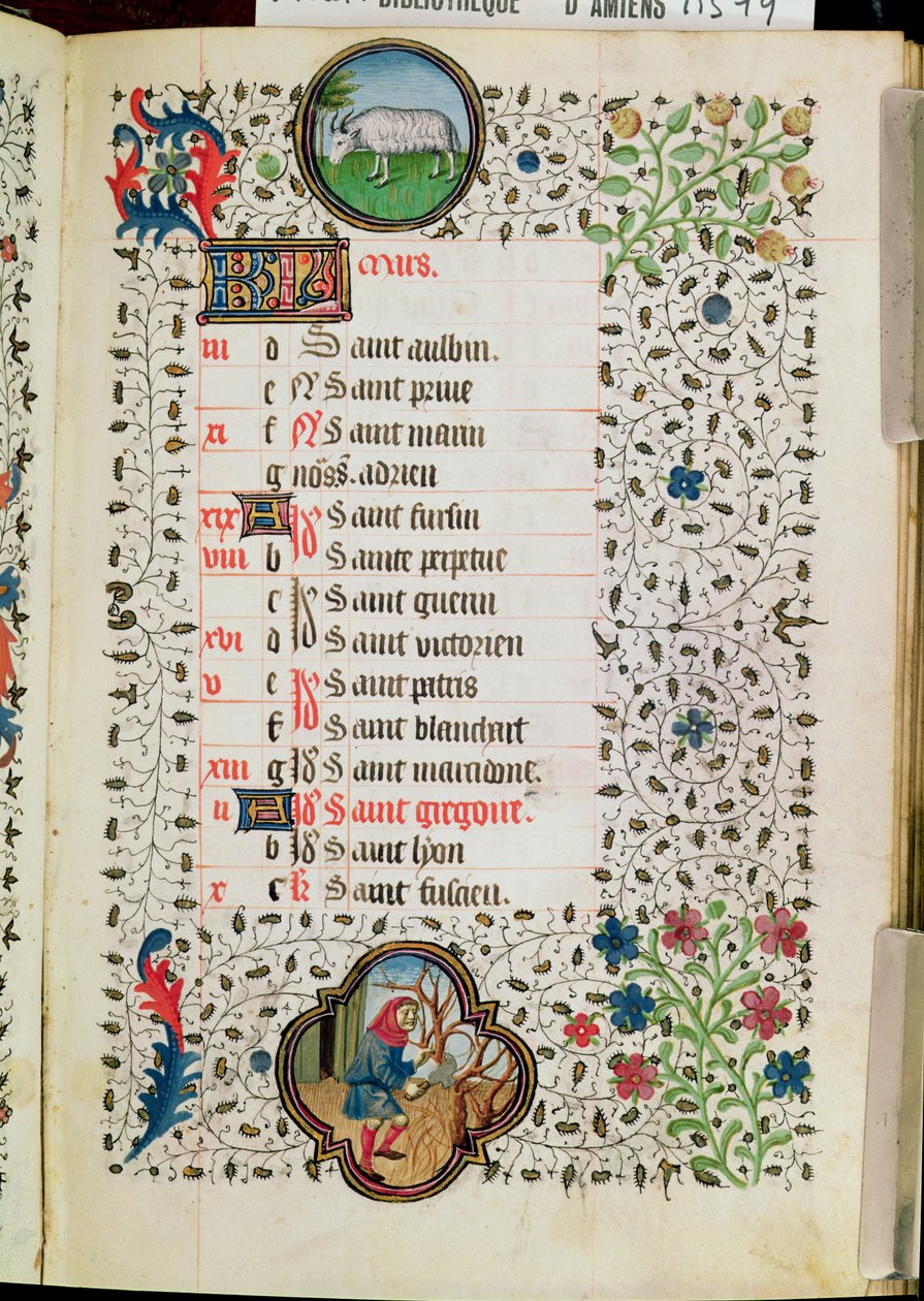 Fru 19. mars: Væren og en mann som feller trær, fra en timebok, tidlig på 1400-tallet av French School