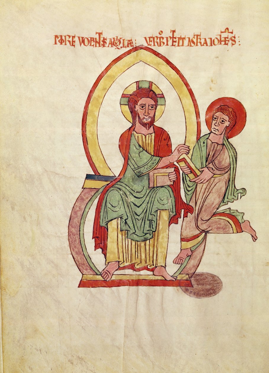 Ms. 1 Fol 111v Saint John løper for å motta evangeliet fra Kristus, sittende i en mandorla, miniatyr fra Evangeliet til Saint-Michel-de-Cuxa, ca. 1070-1130 av French School