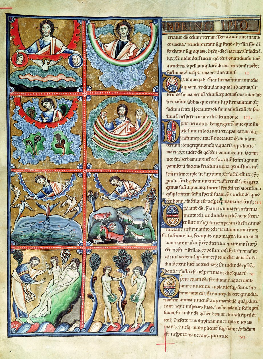 Ms 1 f.4v The Creation of the World, fra Souvigny-bibelen av French School