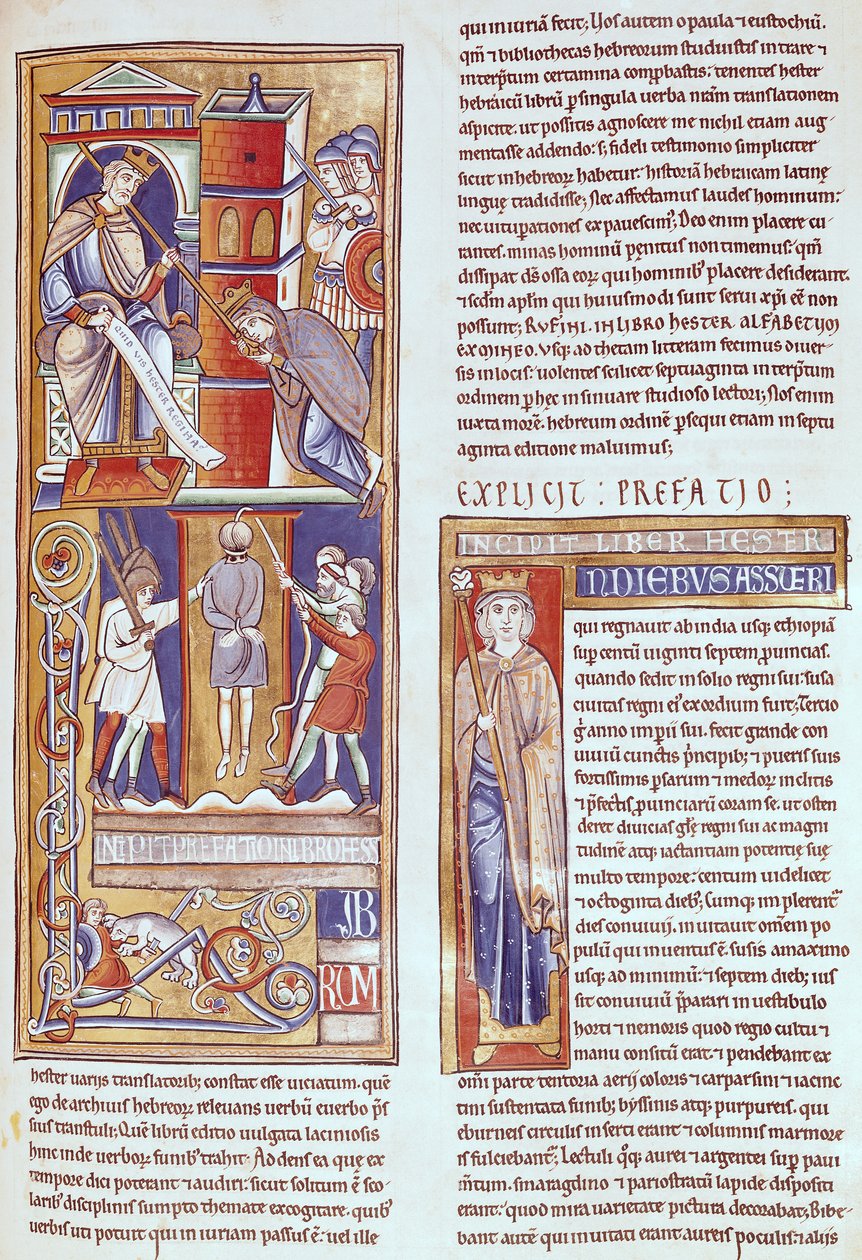 Ms 1 fol.284r Esther og Ahasverus og hengingen av Haman, fra Souvigny-bibelen av French School