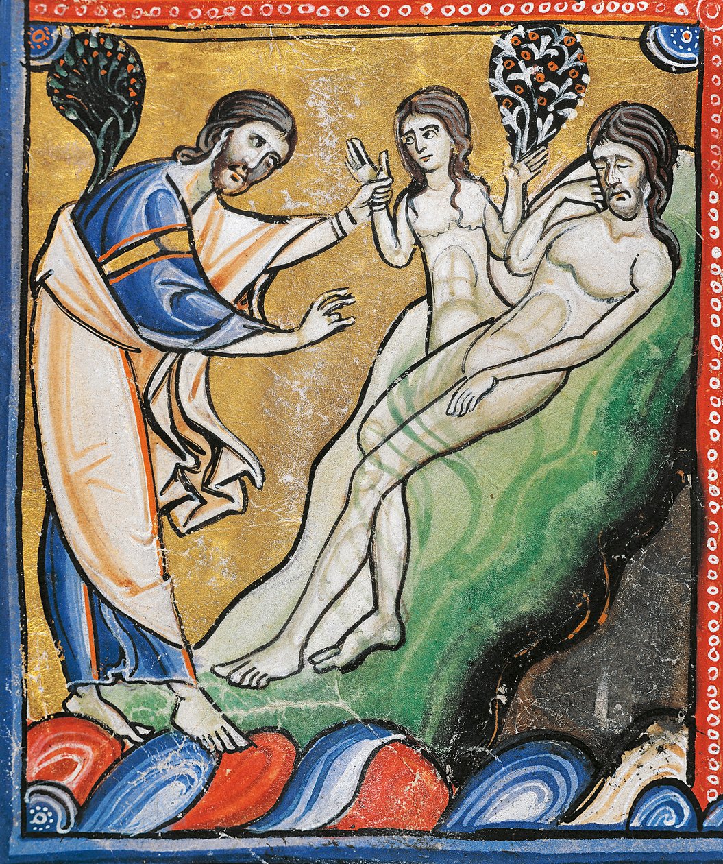 Ms 1 fol.4v Skapelsen av Eva fra Adams ribbein, detalj fra Bibelen til Souvigny (vellum) av French School