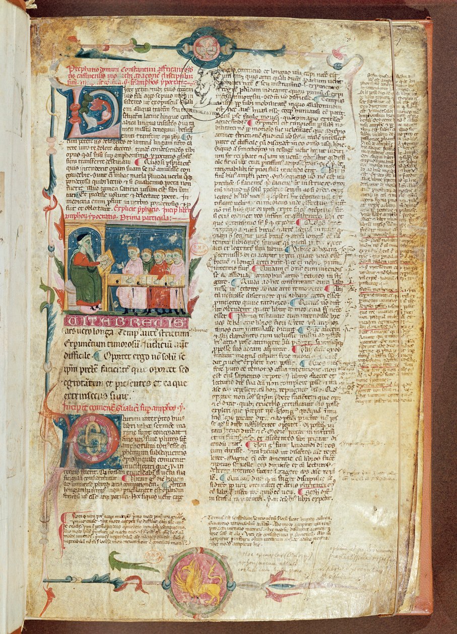 Frk. 2046 fol. 1 Instruksjonsscene, første side av Aforismer av Hippokrates med kommentarer av Galen av French School