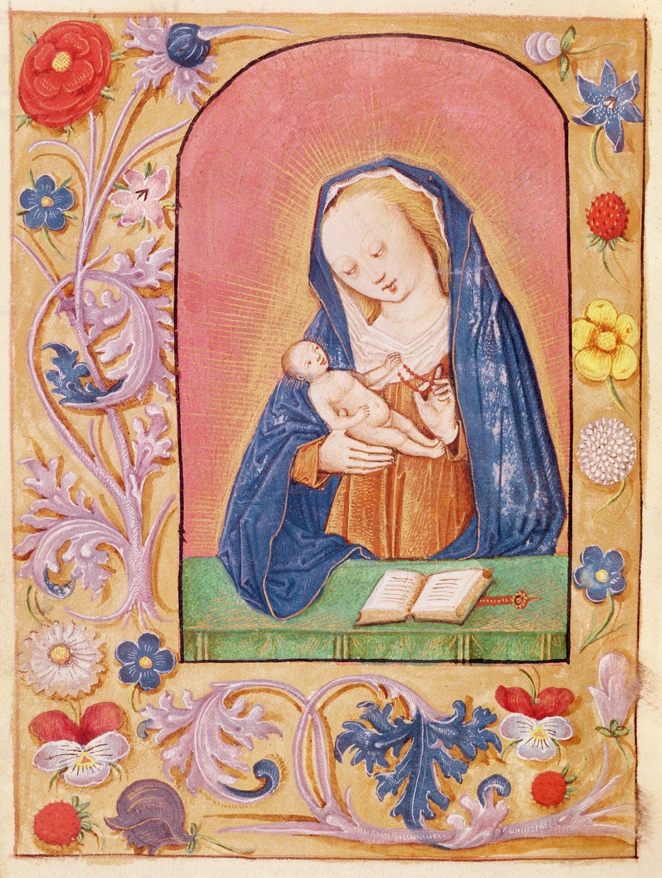Ms 20 fol.42v Jomfruen og barnet leker med en rosenkrans, fra en timebok, tidlig på 1400-tallet av French School