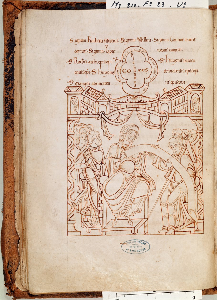 Ms 210 fol.23v Donasjonen av Gonnor, hertuginne av Normandie, til klosteret Mont Saint-Michel, fra Cartulaire de Mont-Saint-Michel, 1150-tallet av French School