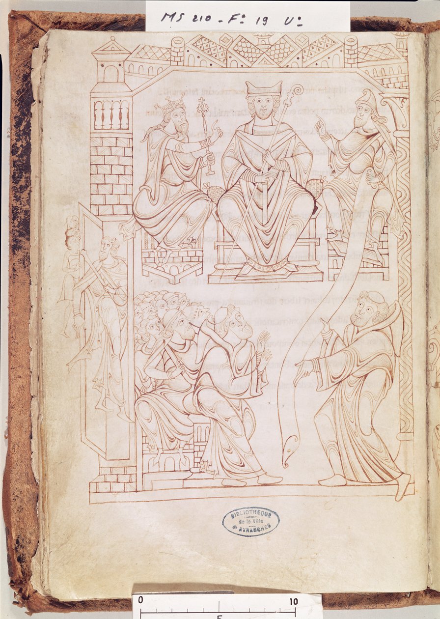 Ms 210 fol 19v. Cartulary of Mont Saint-Michel: Hertug Richard II av Normandie gir en gave av landområder og privilegier til klosteret Mont St. Michel, 1150-tallet av French School