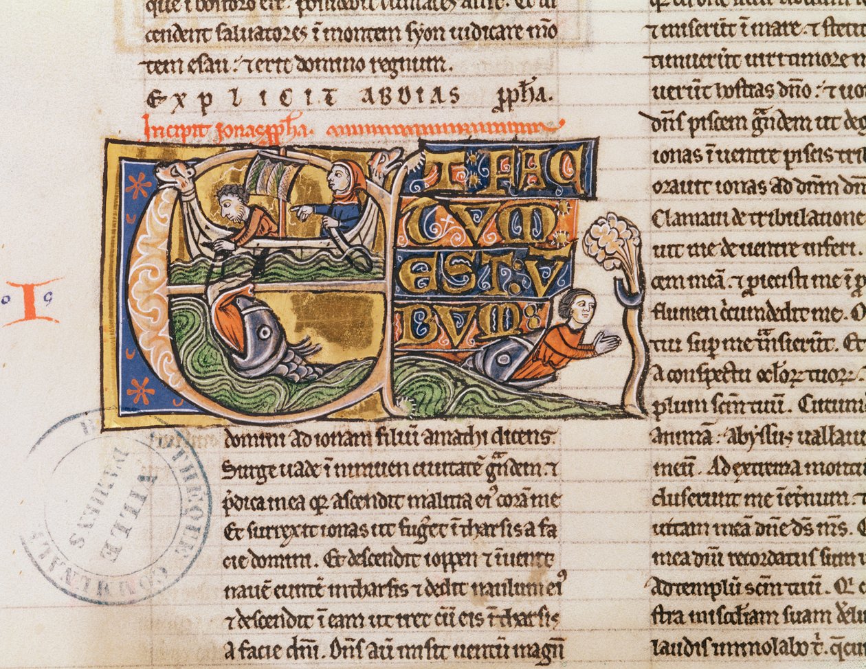 Ms 21 Fol.163v Historikert initial E som viser Jonas som blir kastet i havet, fra en uspesifisert bibel av French School