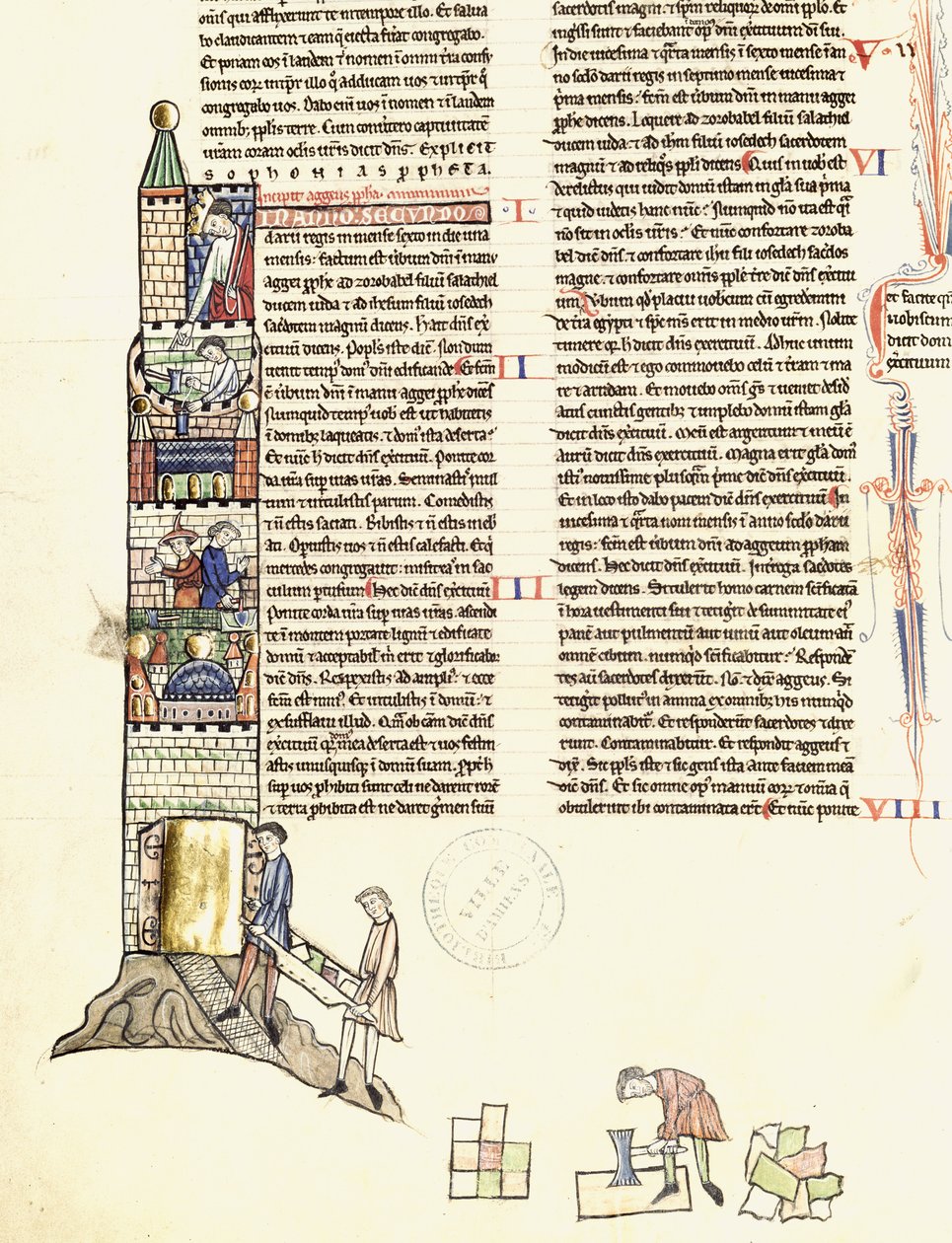Ms 21 f.167v Konstruksjon av et tårn av French School