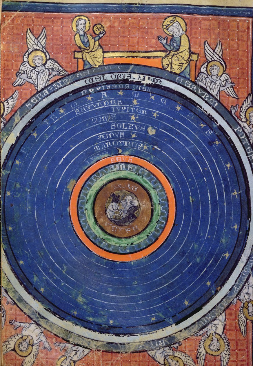 Ms 2200 f.115v. Verden, ifølge Aristoteles, miniatyr fra De Philosophia Mundi av Guillaume de Conches (1100-54) 1276-77 av French School