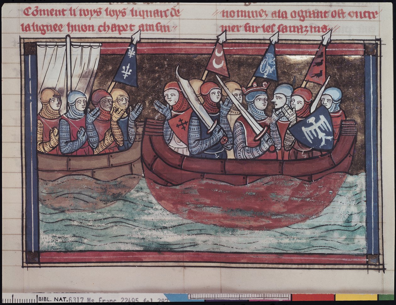 Ms 22495 fol.287 Ombordstigning til utlandet, fra Le Roman de Godefroi de Bouillon, 1337 av French School