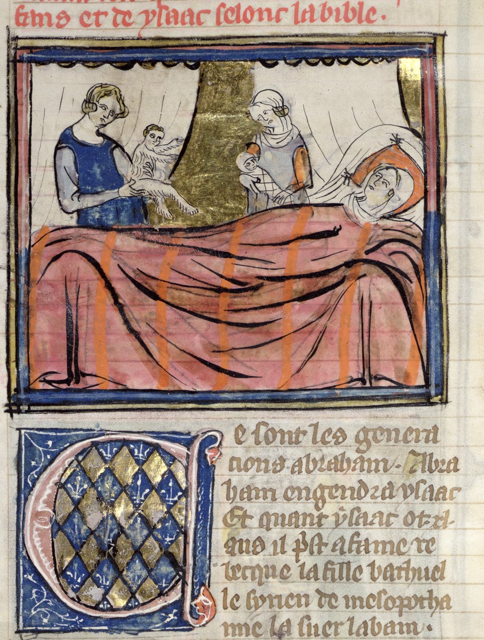 Ms 22 fol.30 Fødselen til tvillingene Jakob og Esau, miniatyr fra Bible Historiale of Guiart des Moulins av French School