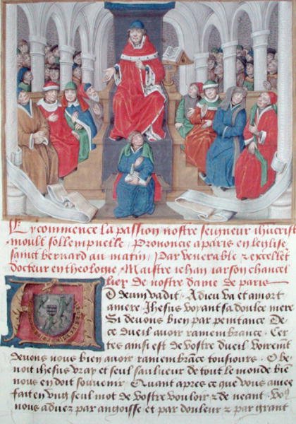 Ms 230 fol.1 Jean de Gerson (1363-1429) som forkynner lidenskapen om morgenen i St. Bernard-kirken i Paris, fra Sermons sur la Passion et Traites Divers, ca. 1480 av French School