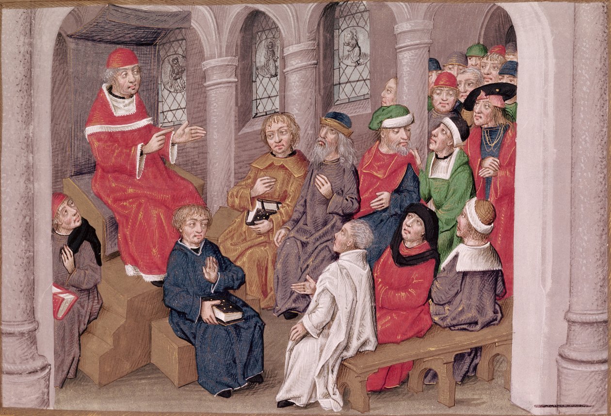 Ms 230 fol.25 Jean de Gerson (1363-1429) forkynner lidenskapen etter middag i St. Bernard-kirken, Paris, fra Sermons sur la Passion et Traites Divers, ca. 1480 av French School